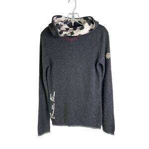 Mountain Force Sweater Women 36/S Charcoal Gray Cashmere Cow Print Hooded Jacket